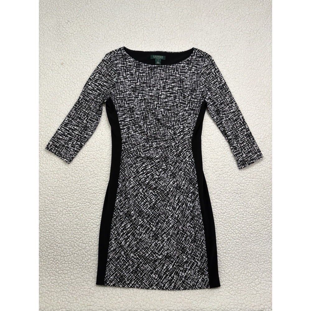 Lauren Ralph‎ Lauren Dress Size 6 Black White Ruched Sheath Career Classic Work